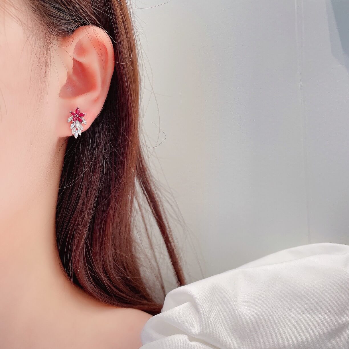 Leaves design marquise cut lab grown ruby earrings stud