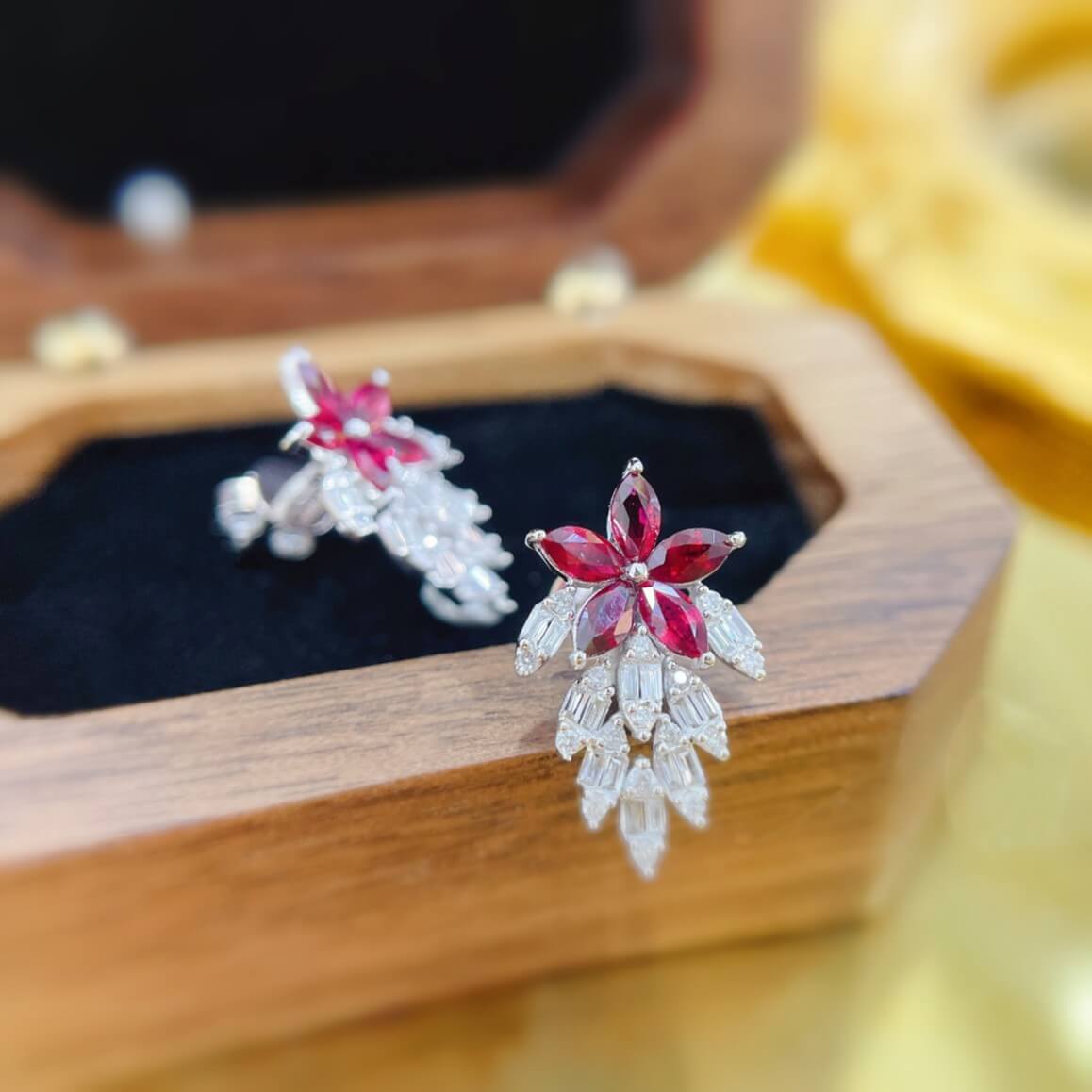 Leaves design marquise cut lab grown ruby earrings stud