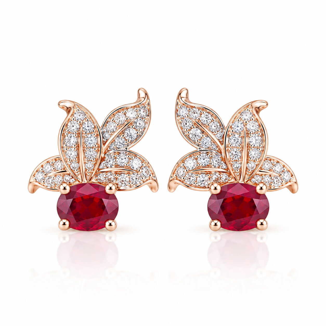 Leaves design oval cut lab grown ruby earrings stud