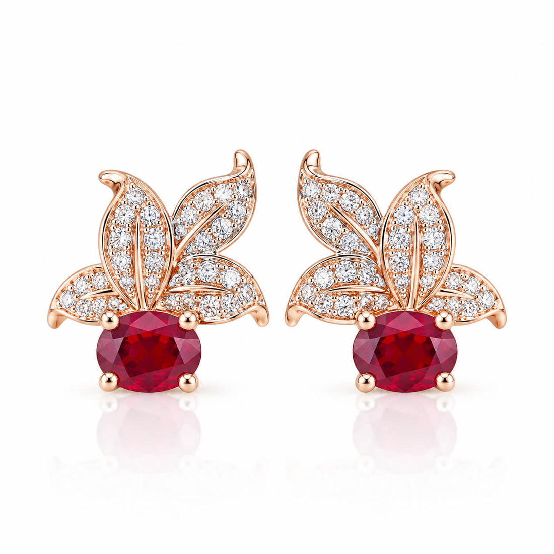 Leaves design oval cut lab grown ruby earrings stud