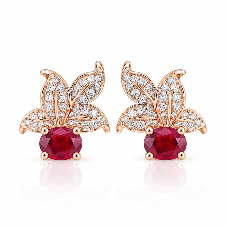 Leaves design oval cut lab grown ruby earrings stud