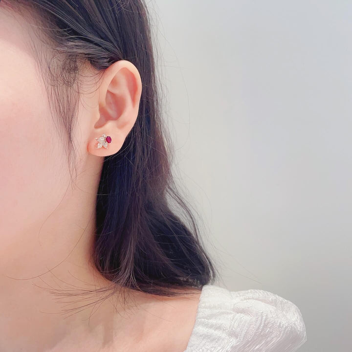 Leaves design oval cut lab grown ruby earrings stud