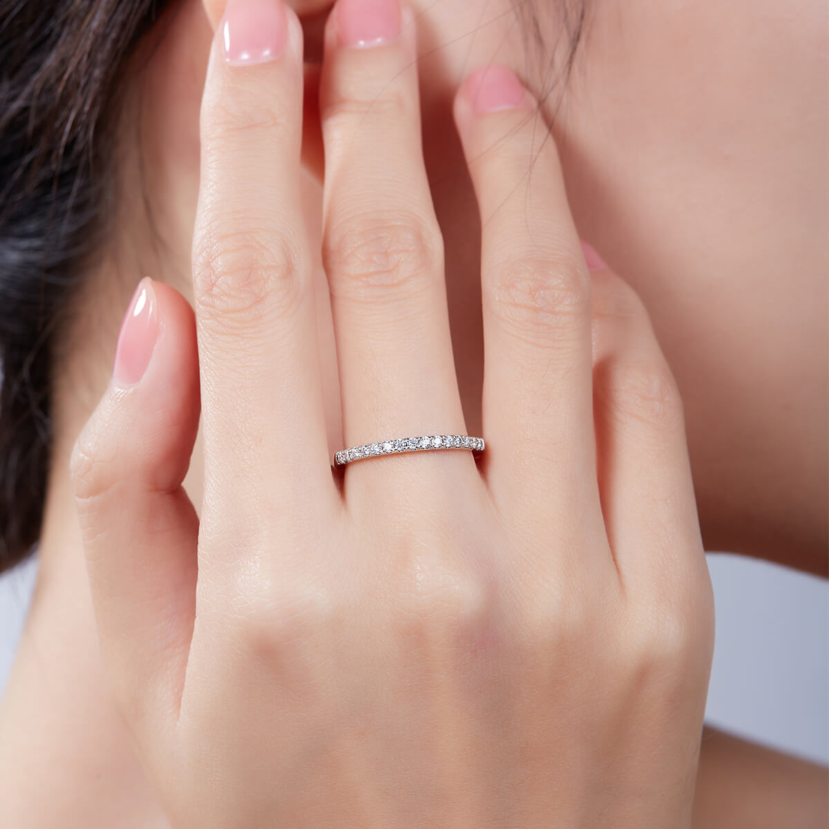 Half pave round cut Moissanite wedding band