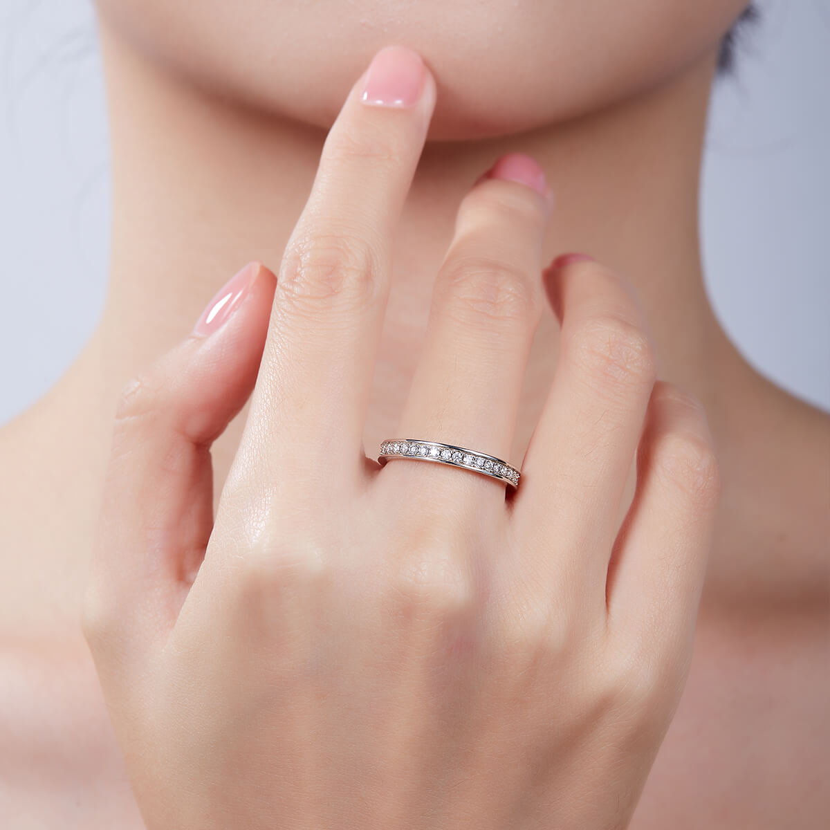 Full pave round cut Moissanite wedding band