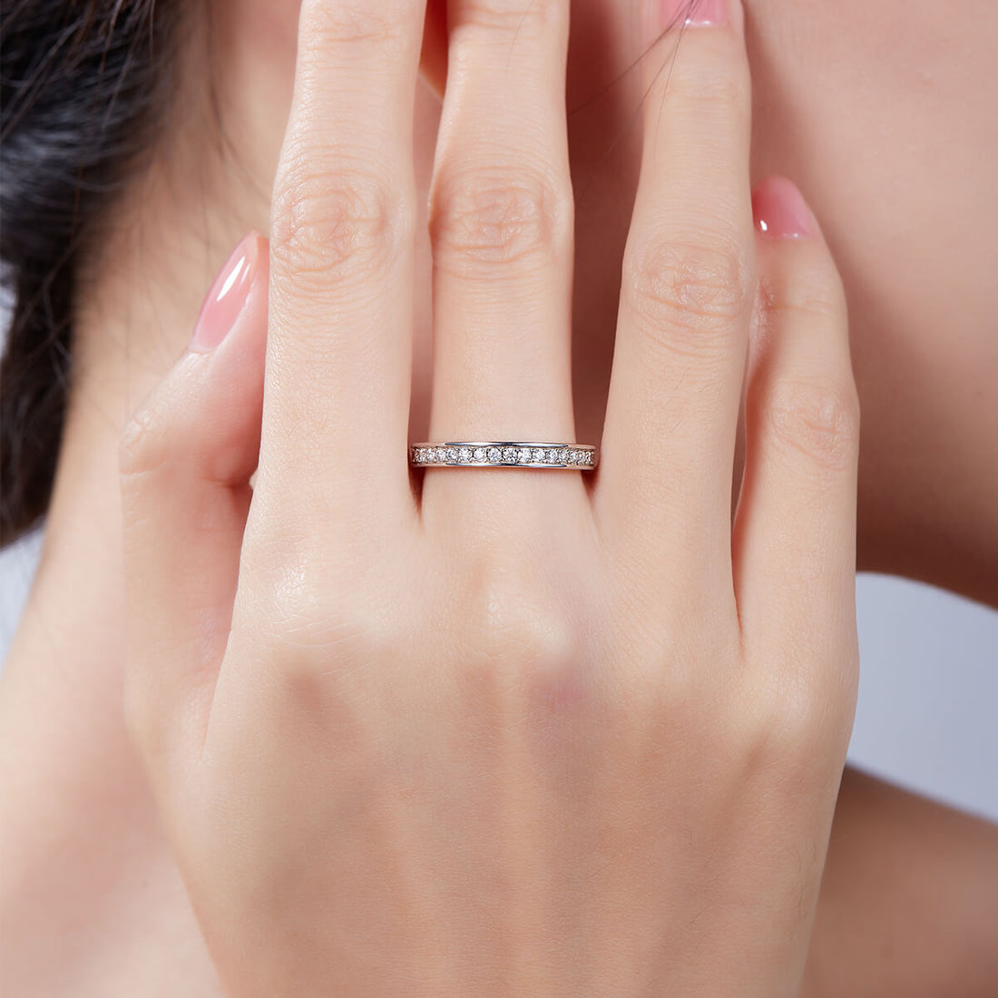 Full pave round cut Moissanite wedding band