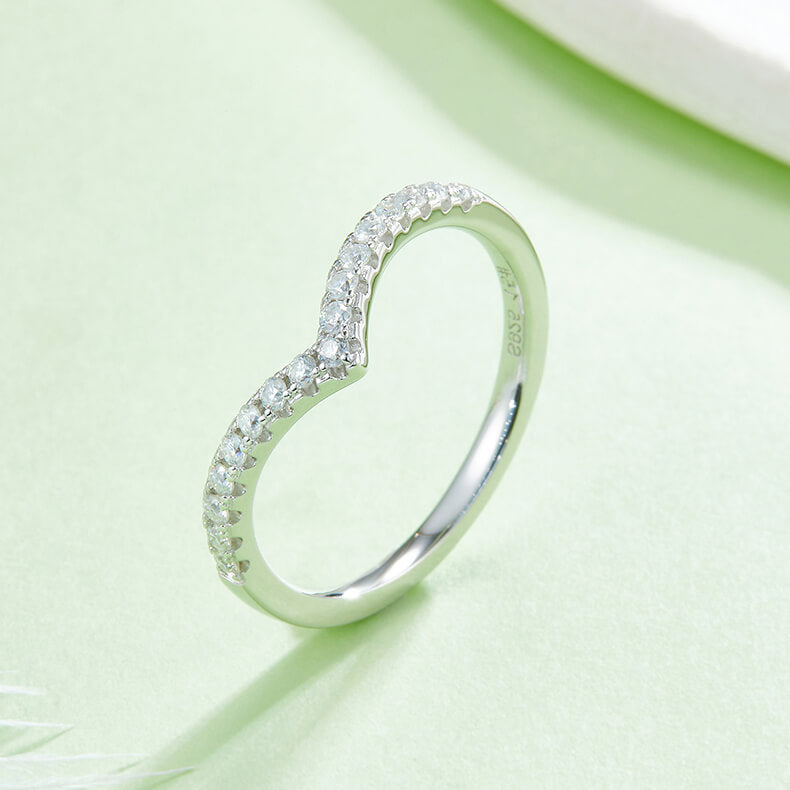 V shape half pave round cut Moissanite curved wedding band