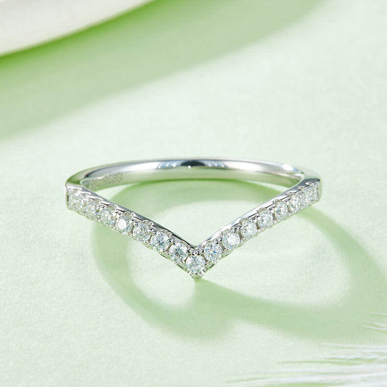 V shape half pave round cut Moissanite curved wedding band