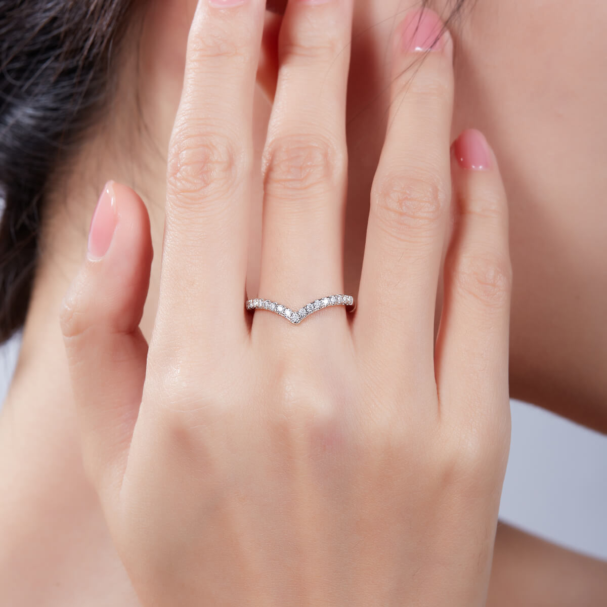 V shape half pave round cut Moissanite curved wedding band