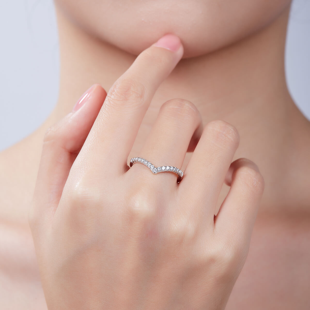 V shape half pave round cut Moissanite curved wedding band