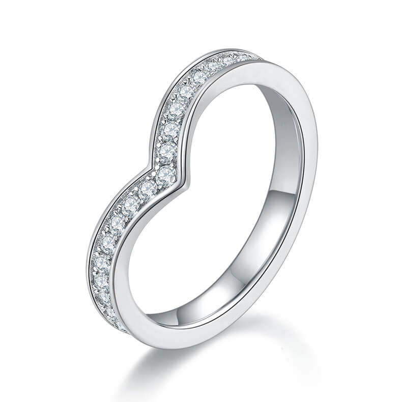 V shape full pave round cut Moissanite curved wedding band