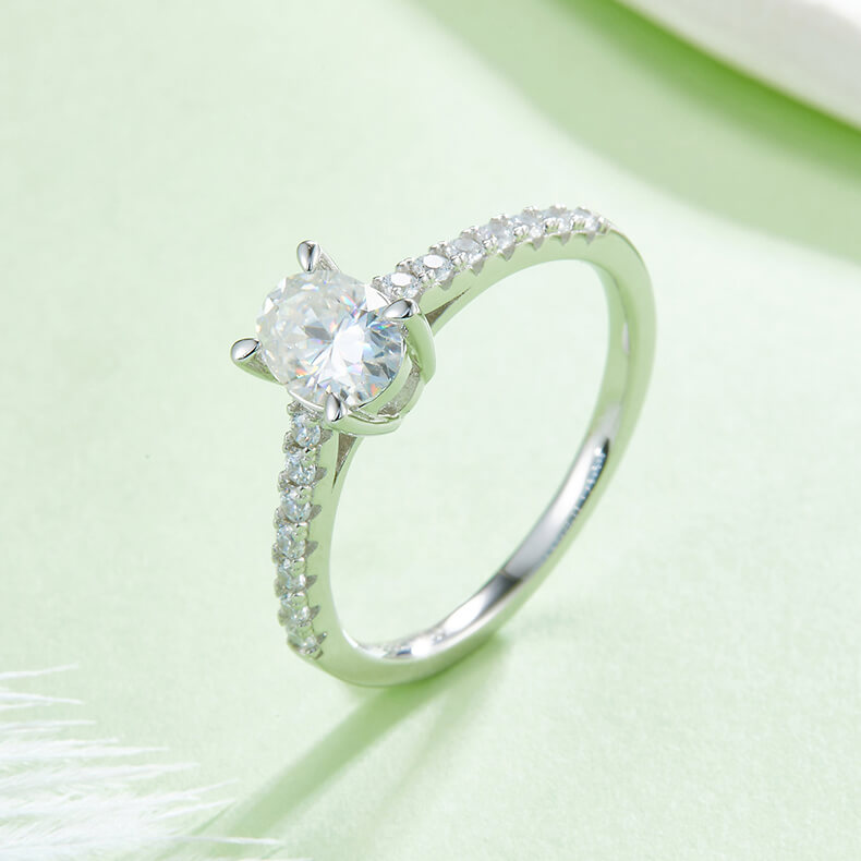 Half pave oval cut Moissanite solitaire engagement ring