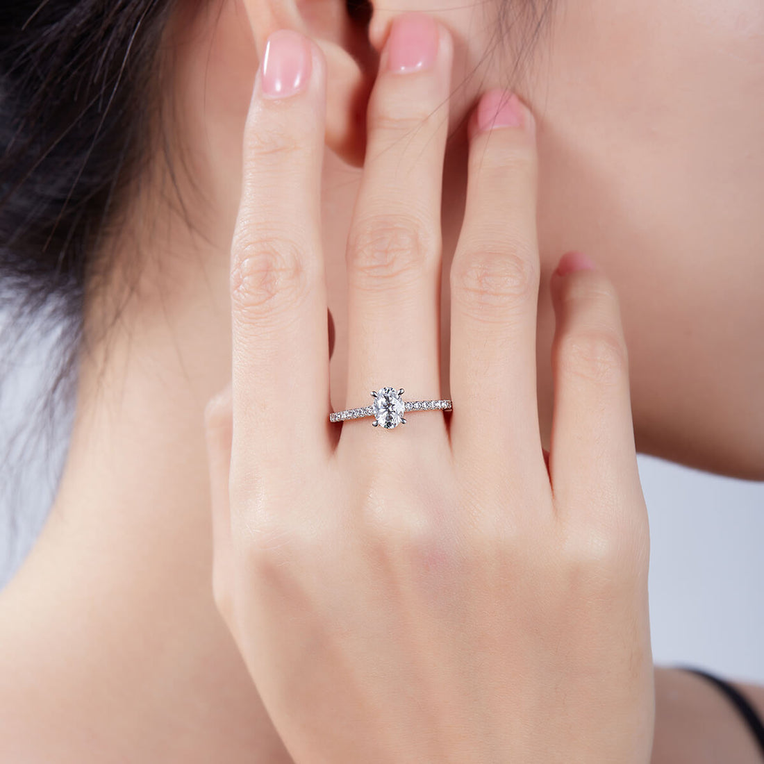 Half pave oval cut Moissanite solitaire engagement ring