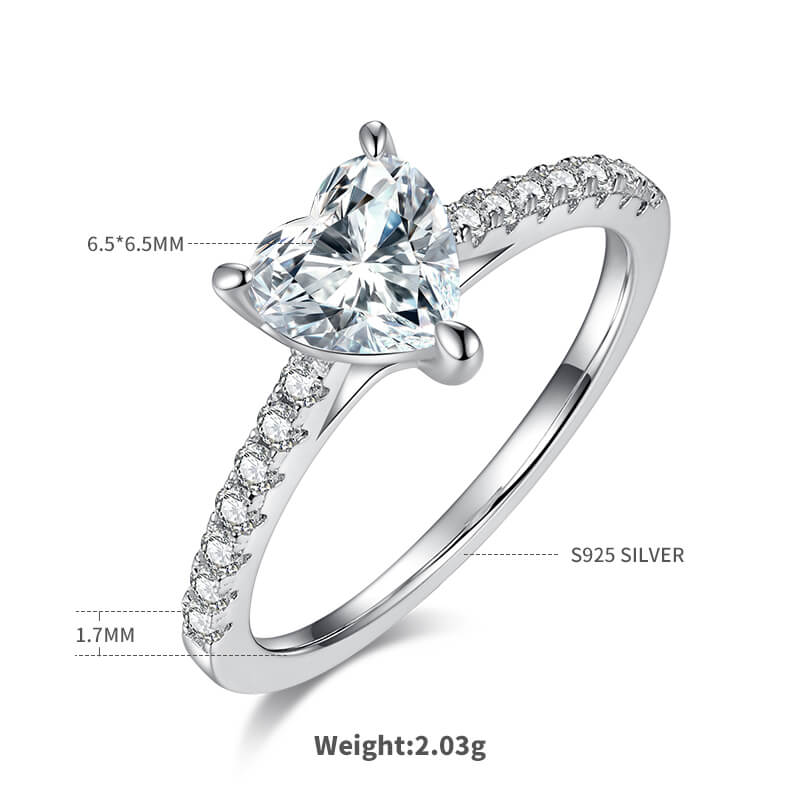 Anello di fidanzamento con solitario Moissanite taglio cuore mezzo pavé