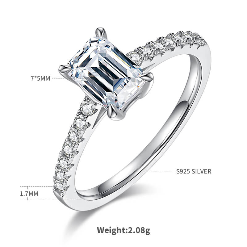 Half pave emerald cut Moissanite solitaire engagement ring