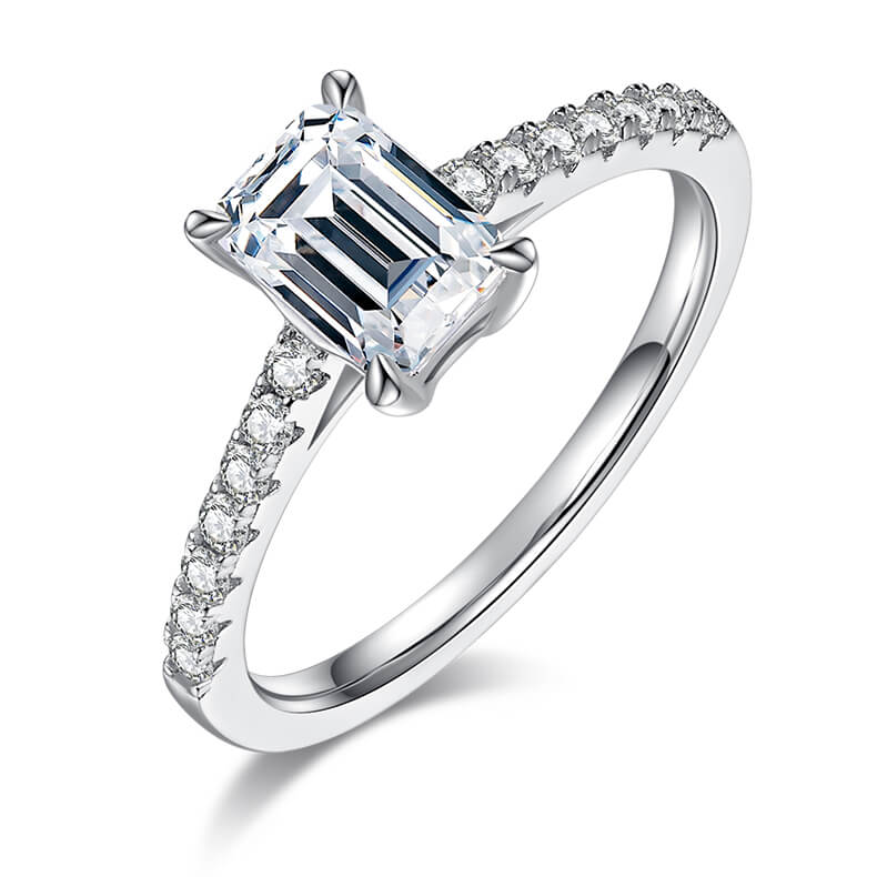 Half pave emerald cut Moissanite solitaire engagement ring