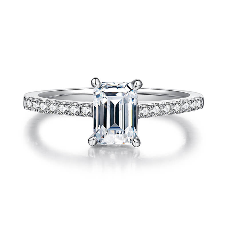 Half pave emerald cut Moissanite solitaire engagement ring