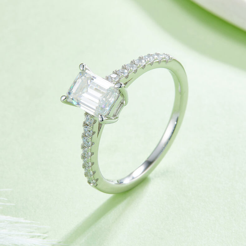 Half pave emerald cut Moissanite solitaire engagement ring
