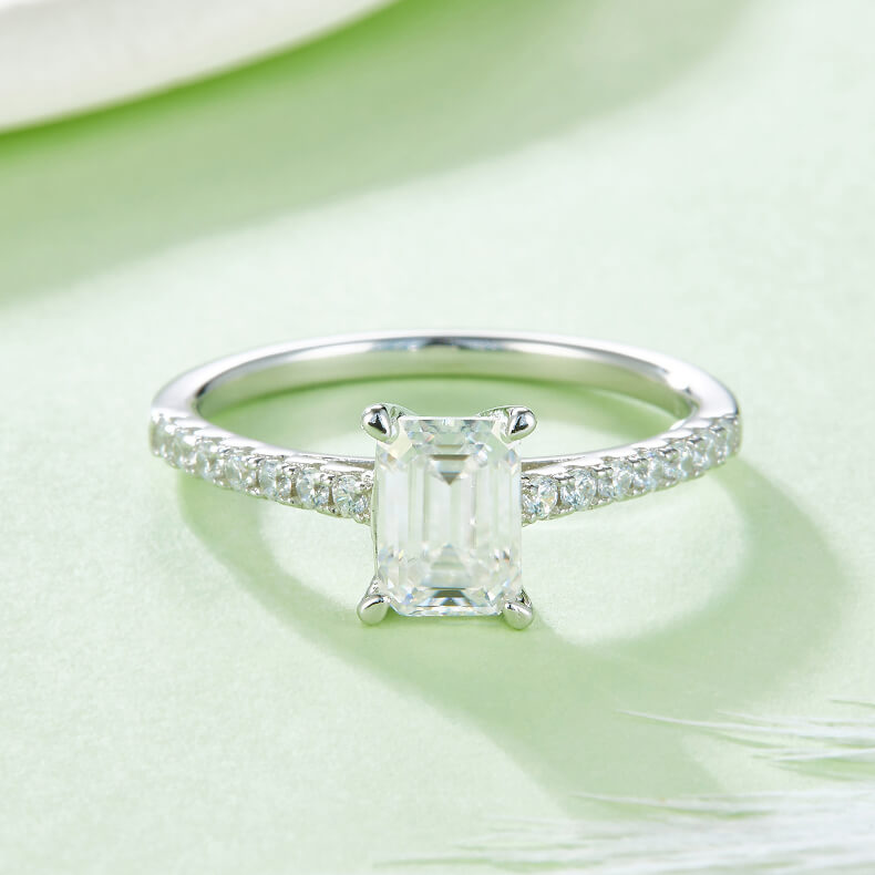 Half pave emerald cut Moissanite solitaire engagement ring