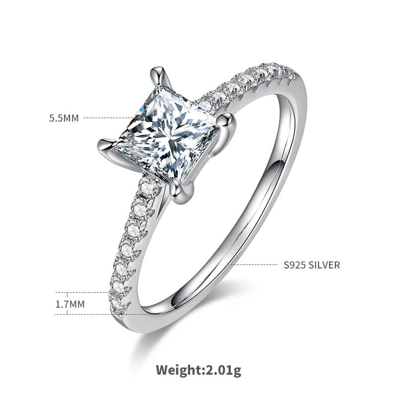 Half pave princess cut Moissanite solitaire engagement ring