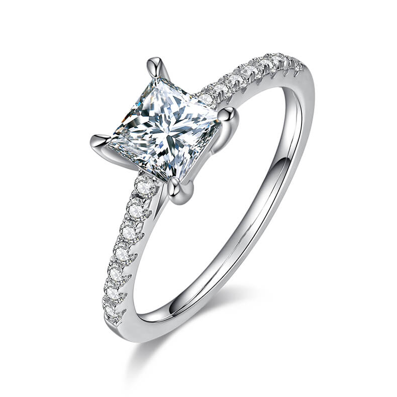 Half pave princess cut Moissanite solitaire engagement ring