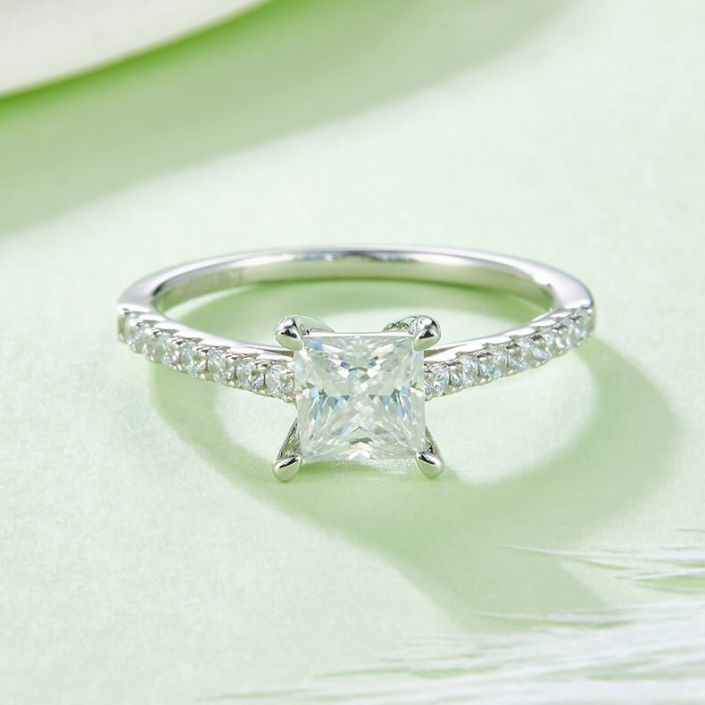 Half pave princess cut Moissanite solitaire engagement ring