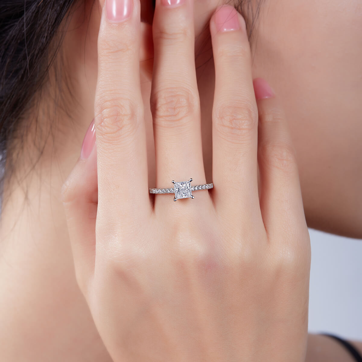 Half pave princess cut Moissanite solitaire engagement ring