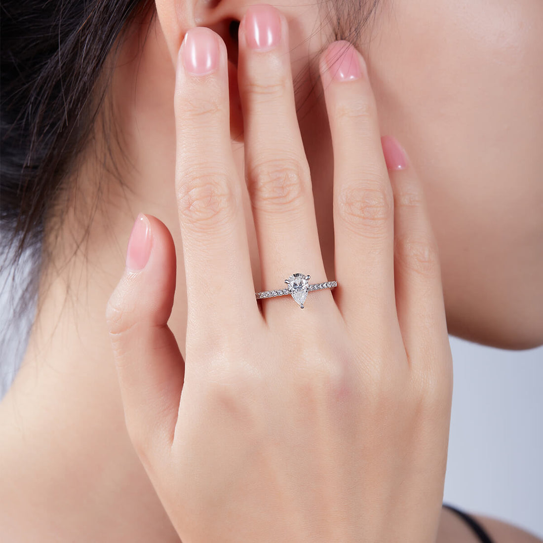 Half pave pear cut Moissanite solitaire engagement ring