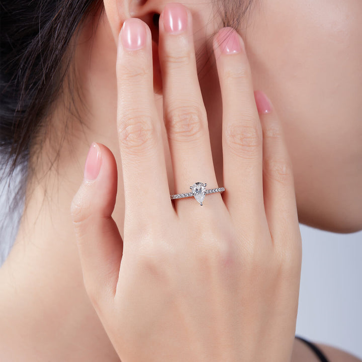 Half pave pear cut Moissanite solitaire engagement ring