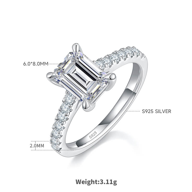 Half pave emerald cut Moissanite solitaire engagement ring