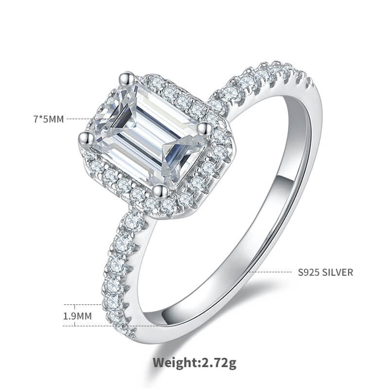 Emerald cut Moissanite halo engagement ring