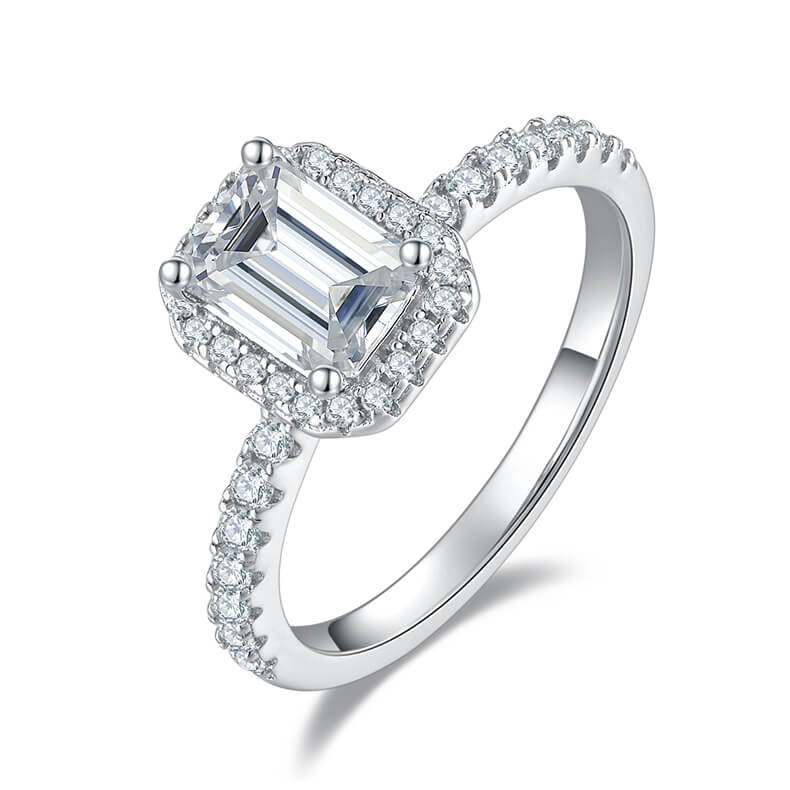 Emerald cut Moissanite halo engagement ring