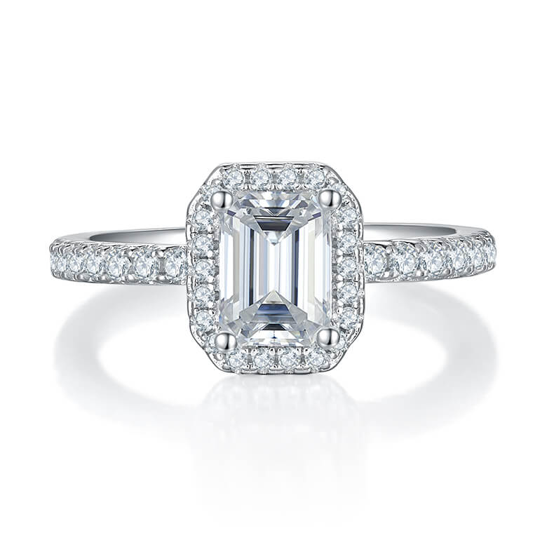 Emerald cut Moissanite halo engagement ring