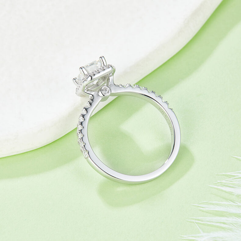 Emerald cut Moissanite halo engagement ring