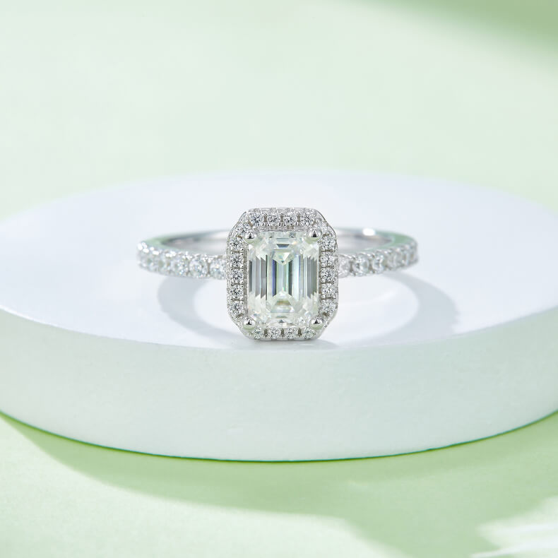 Emerald cut Moissanite halo engagement ring