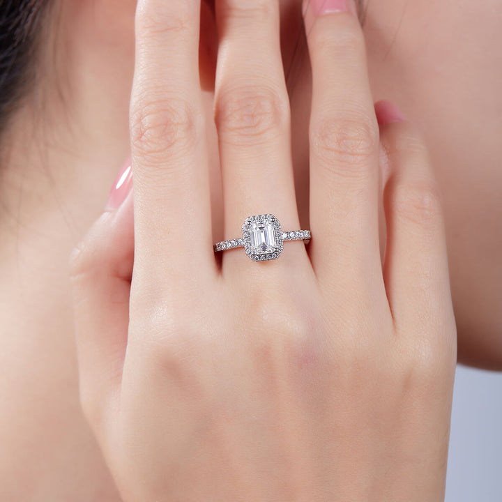 Emerald cut Moissanite halo engagement ring