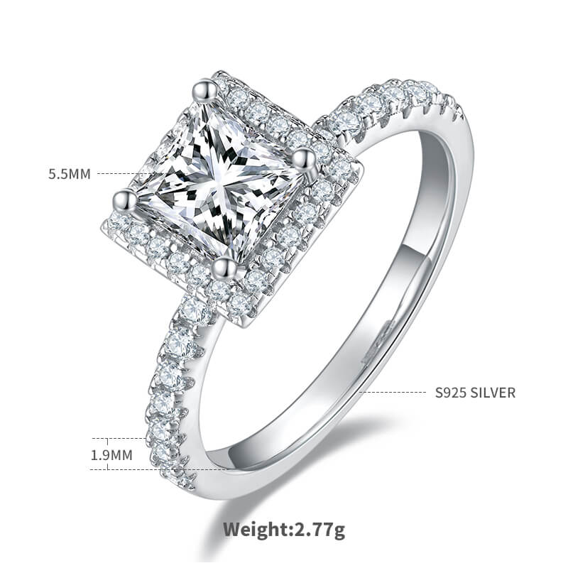 Princess cut Moissanite halo engagement ring