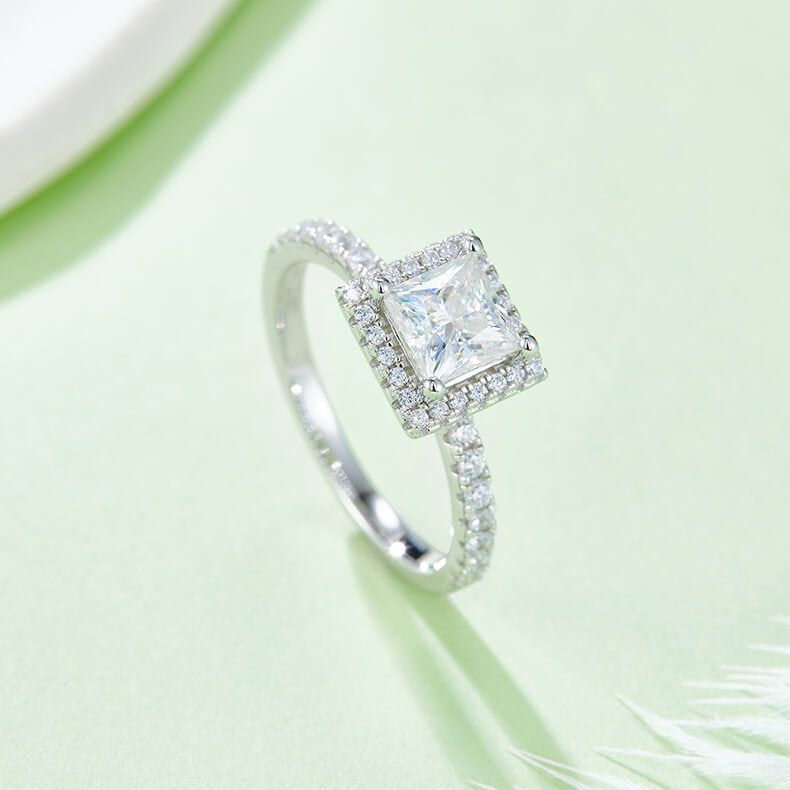 Princess cut Moissanite halo engagement ring