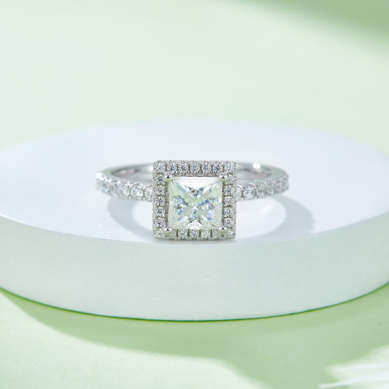 Princess cut Moissanite halo engagement ring