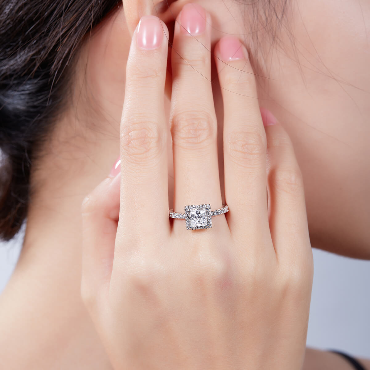 Princess cut Moissanite halo engagement ring