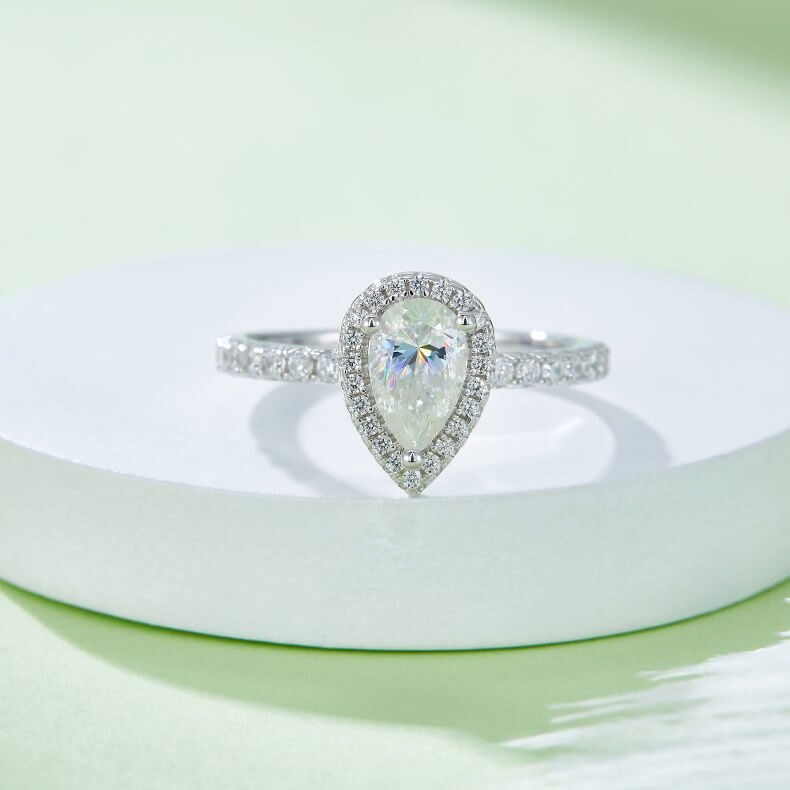 Pear cut Moissanite halo engagement ring