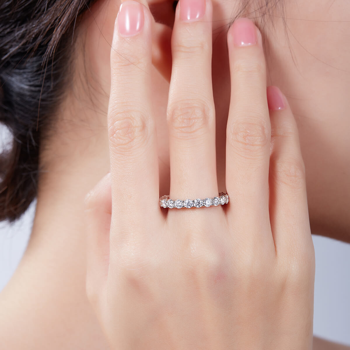 Full pave round cut Moissanite wedding band