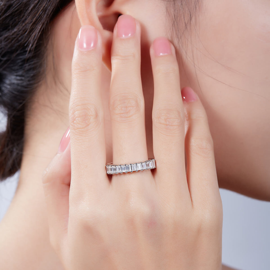 Full pave emerald cut Moissanite wedding band