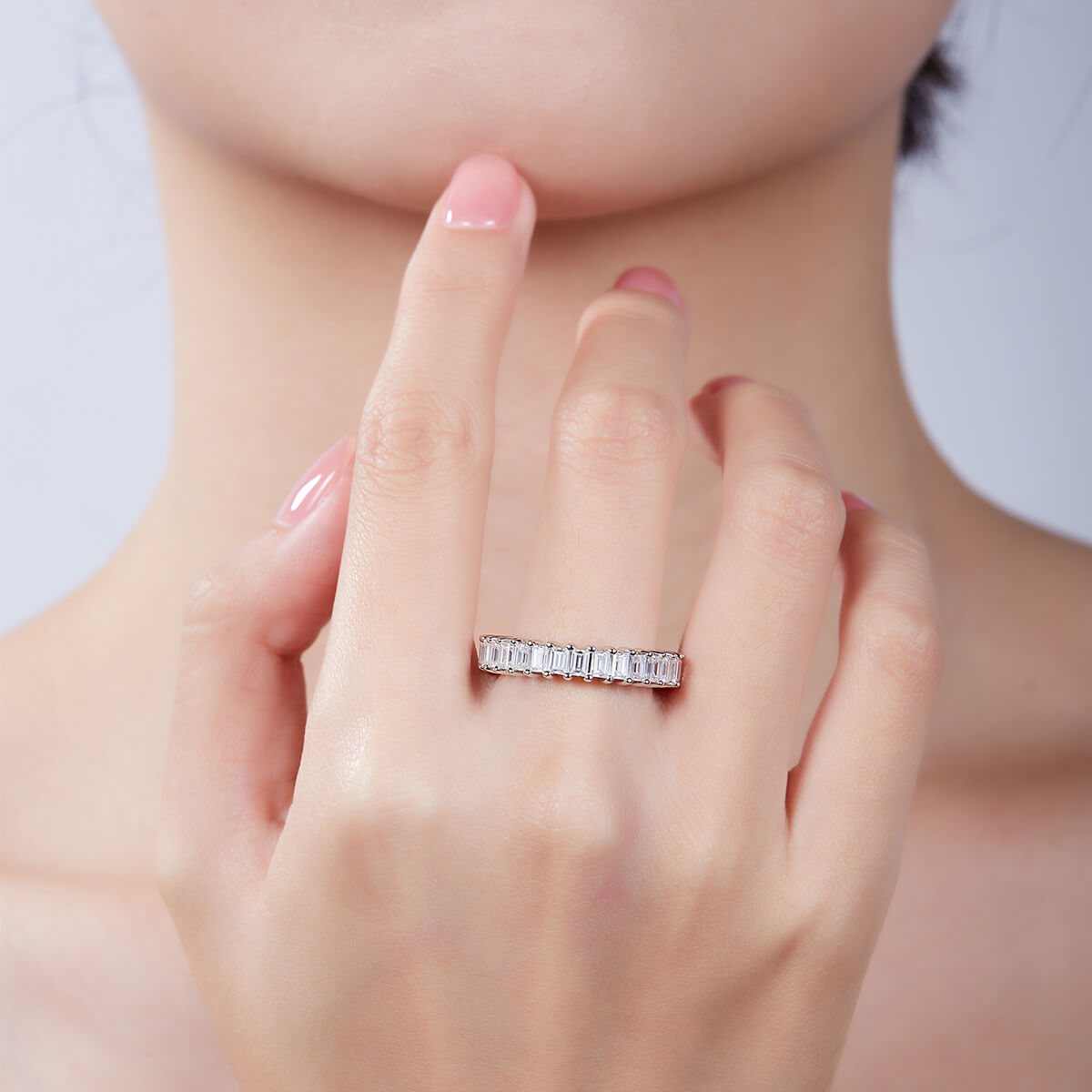 Full pave emerald cut Moissanite wedding band