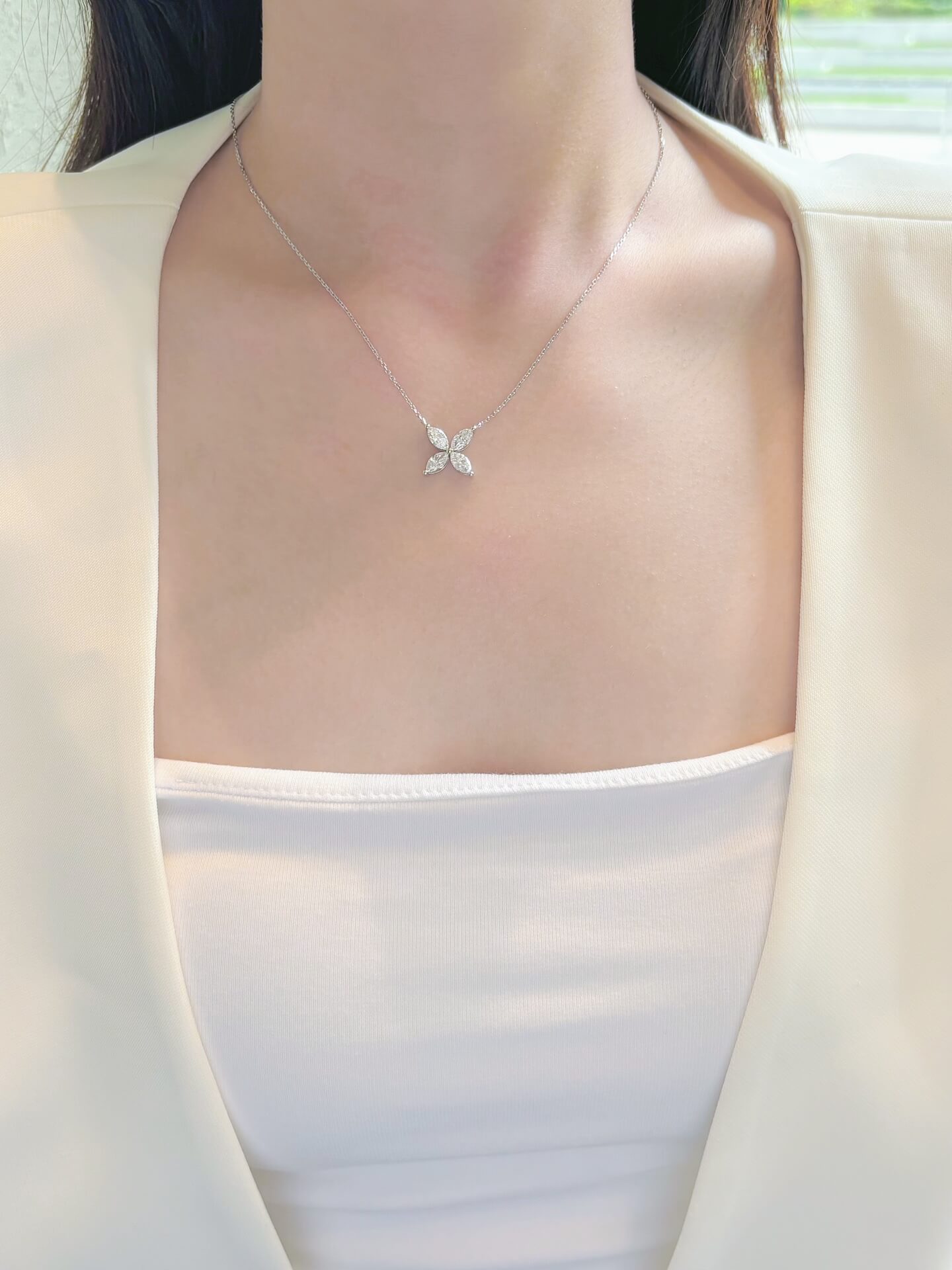Marquise cut four-leaf clover diamond pendant necklace
