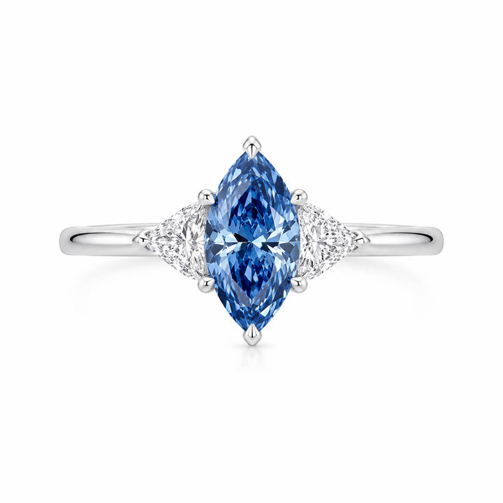 18K gold marquise lab grown blue diamond three stones engagement ring