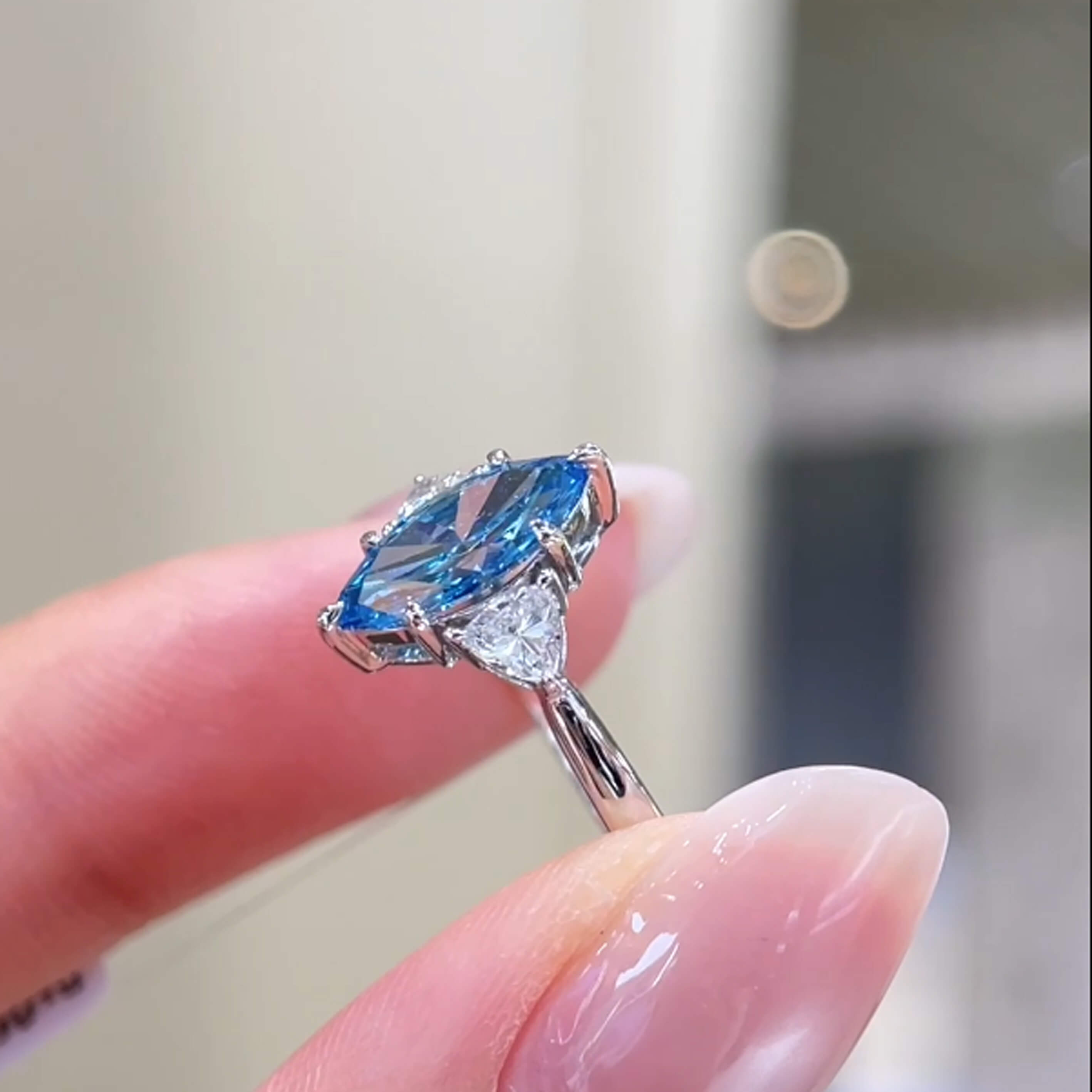 18K gold marquise lab grown blue diamond three stones engagement ring