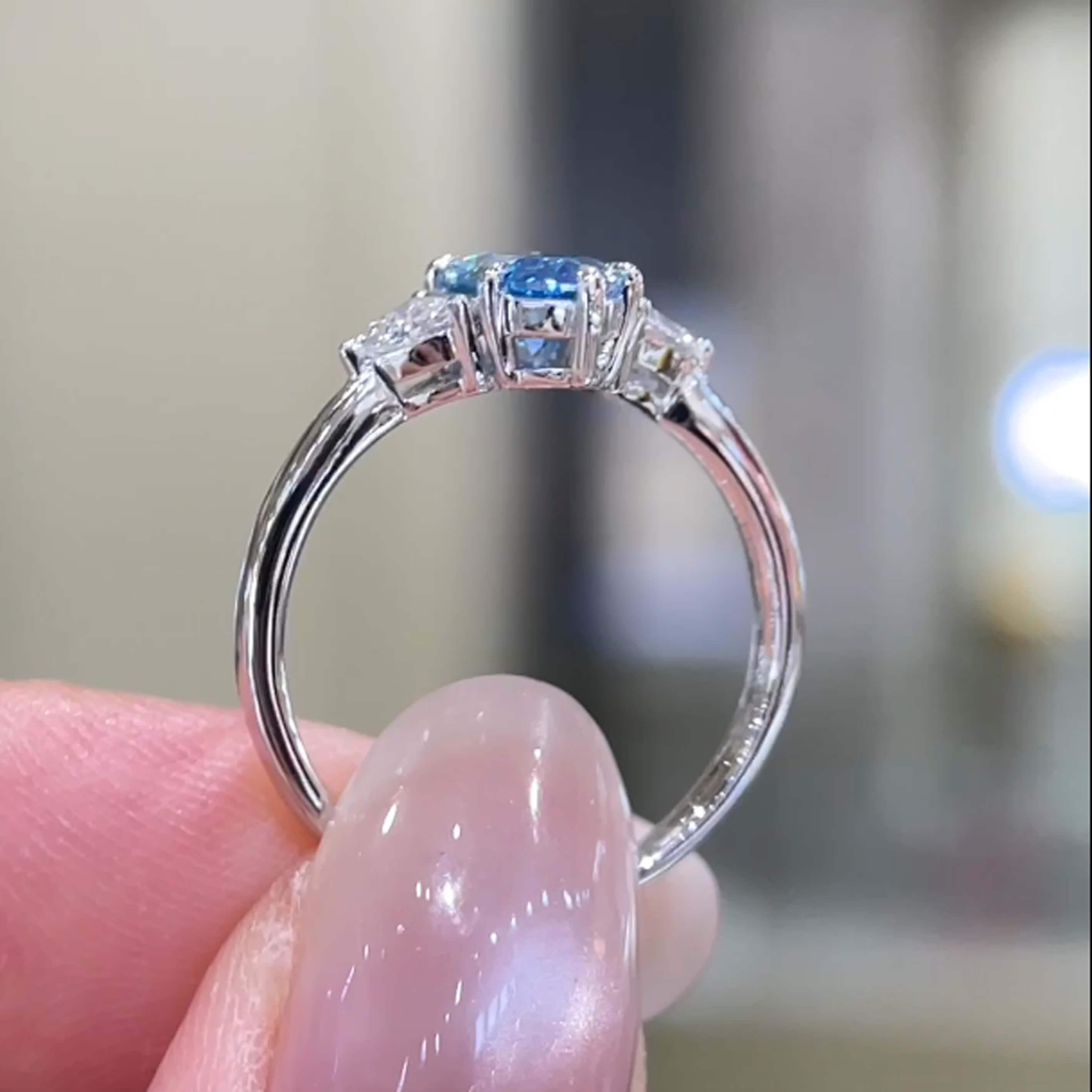 18K gold marquise lab grown blue diamond three stones engagement ring