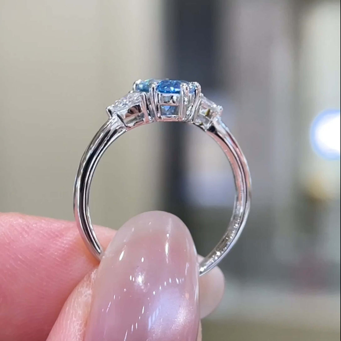 18K gold marquise lab grown blue diamond three stones engagement ring