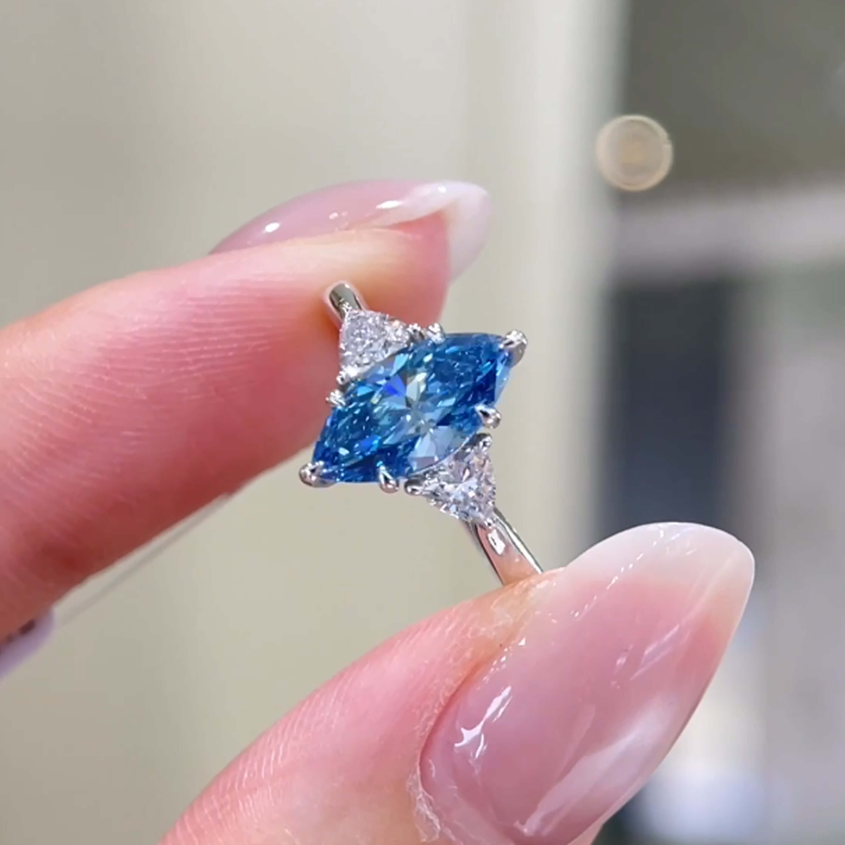 18K gold marquise lab grown blue diamond three stones engagement ring