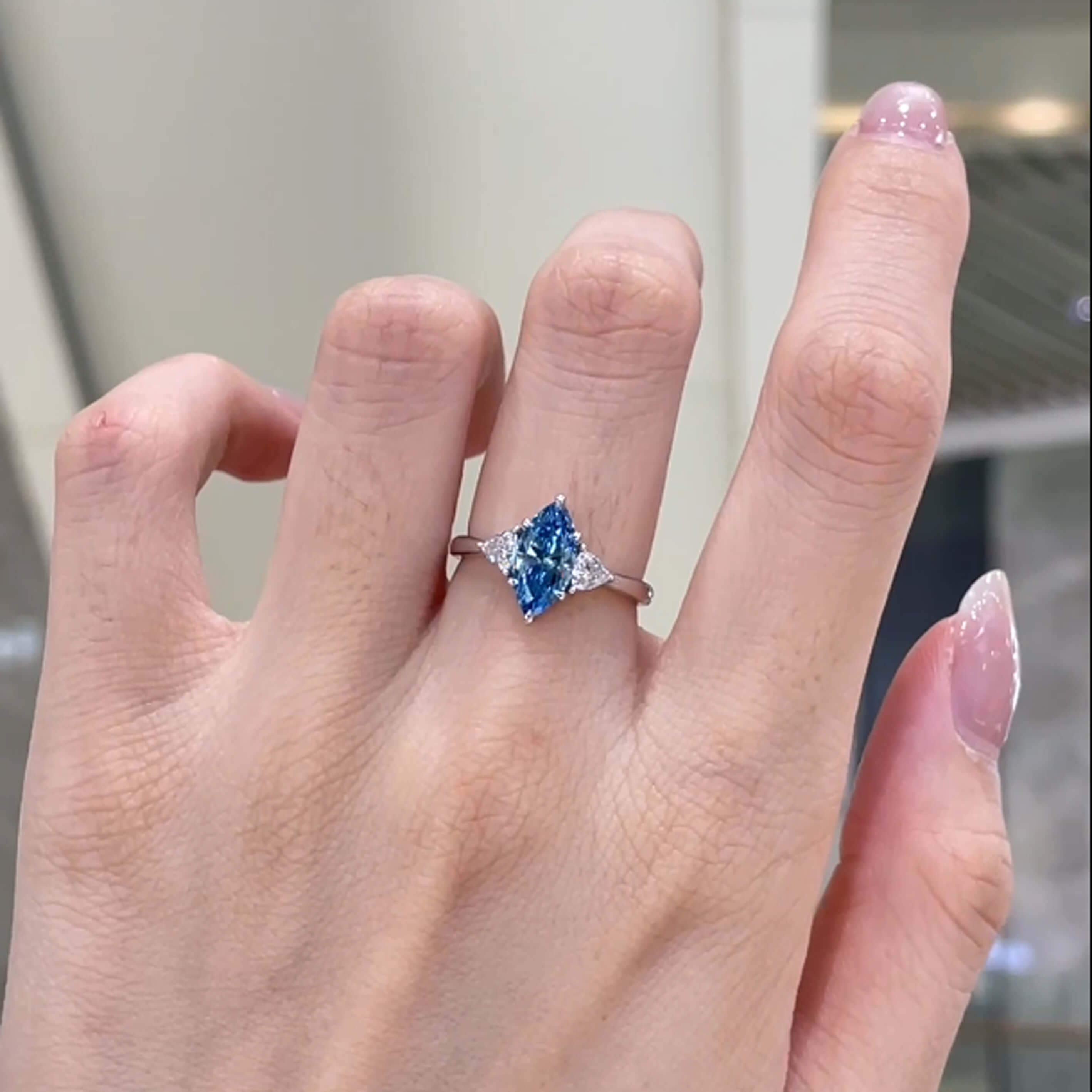 18K gold marquise lab grown blue diamond three stones engagement ring